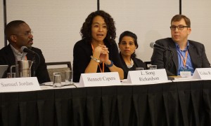 4 panelists at an Arc of Career panel discuss scholarly engagement post tenure at the 2016 Annual Meeting. (R-L) Bennett Capers, Brooklyn Law School; L. Song Richardson, University of California, Irvine School of Law; Usha R. Rodrigues, University of Georgia School of Law; and Stephen I. Vladeck, American University, Washington College of Law.