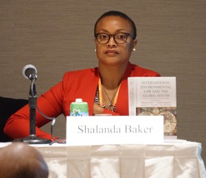 AALS Section on International Law Chair Shalanda Baker wearing glasses and red blazer, seated behind table